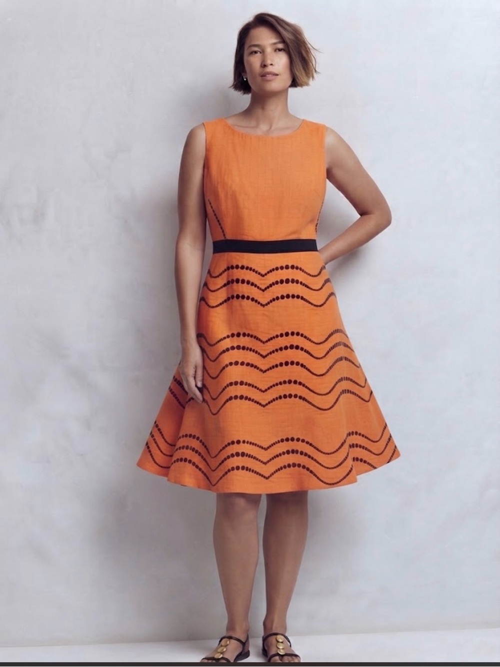 Boden Orange Embroidered Fully Lined Fit and Flare Linen Dress Size 14